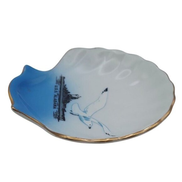 Vintage US Navy USS Alabama Trinket Dish & Pink Embroidered Handkerchief Set - Picture 6 of 12